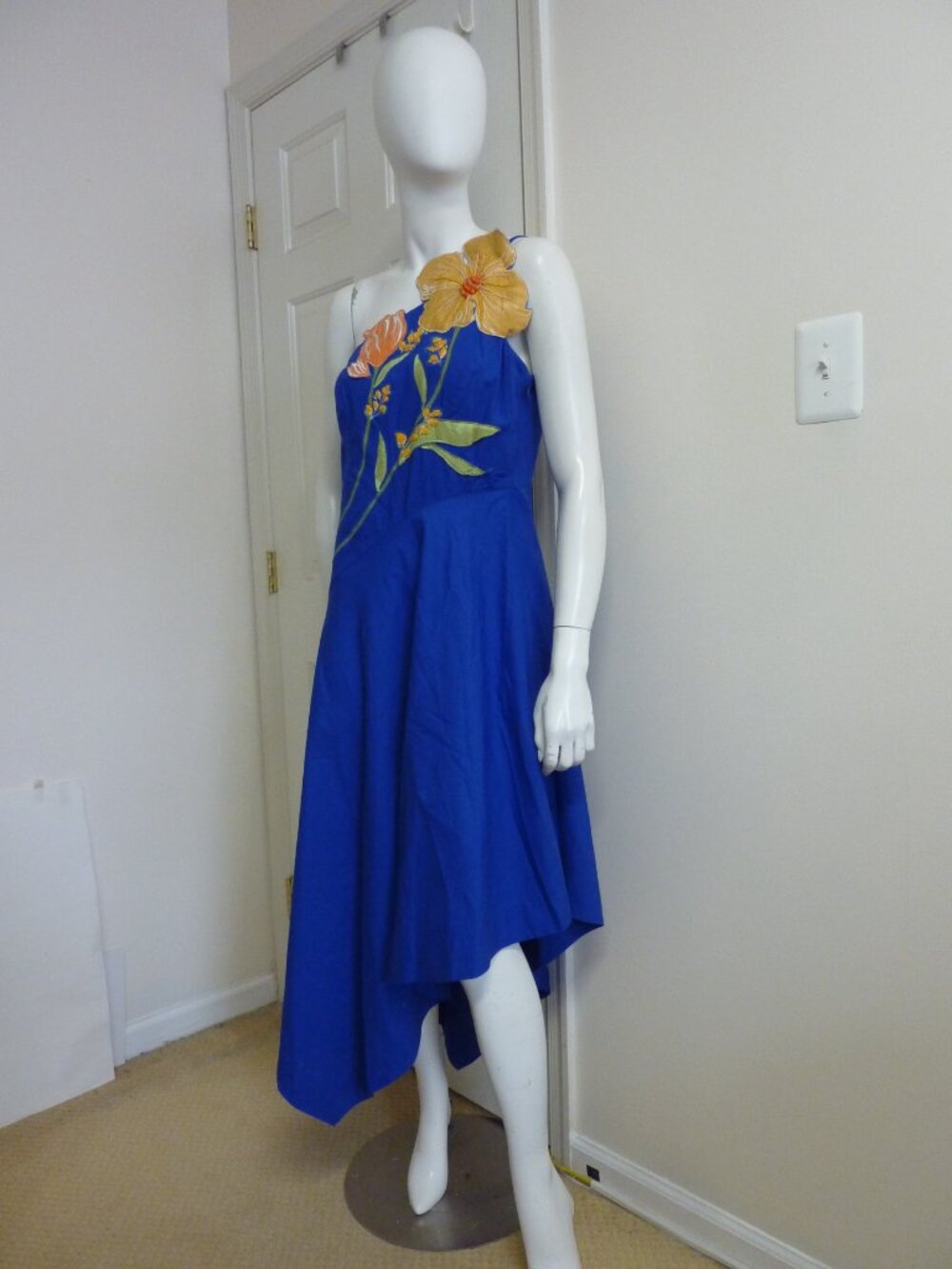 Anthropologie Blue Asymmetric Midi Dress with Yellow Floral Applique - Picture 7 of 8